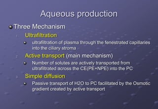 Aqueous production
Three Mechanism
1. Ultrafiltration
ultrafiltration of plasma through the fenestrated capillaries
into the ciliary stroma
2. Active transport (main mechanism)
Number of solutes are actively transported from
ultrafiltrated across the CE(PE+NPE) into the PC
3. Simple diffusion
Passive transport of H2O to PC facilitated by the Osmotic
gradient created by active transport
 