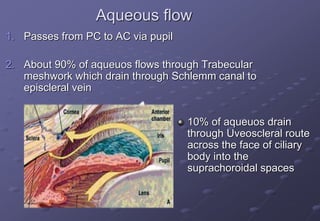Aqueous flow
1. Passes from PC to AC via pupil
2. About 90% of aqueuos flows through Trabecular
meshwork which drain through Schlemm canal to
episcleral vein
10% of aqueuos drain
through Uveoscleral route
across the face of ciliary
body into the
suprachoroidal spaces
 