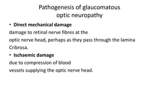 Pathogenesis of glaucomatous
optic neuropathy
• Direct mechanical damage
damage to retinal nerve fibres at the
optic nerve head, perhaps as they pass through the lamina
Cribrosa.
• Ischaemic damage
due to compression of blood
vessels supplying the optic nerve head.
 