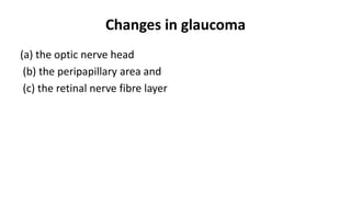 Changes in glaucoma
(a) the optic nerve head
(b) the peripapillary area and
(c) the retinal nerve fibre layer
 