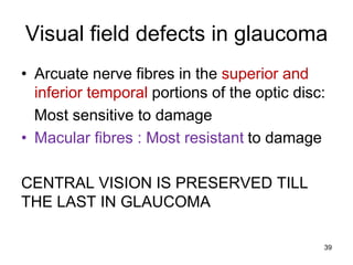 Visual field defects in glaucoma
• Arcuate nerve fibres in the superior and
inferior temporal portions of the optic disc:
Most sensitive to damage
• Macular fibres : Most resistant to damage
CENTRAL VISION IS PRESERVED TILL
THE LAST IN GLAUCOMA
39
 