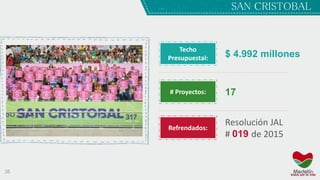 35
$ 4.992 millones
17
Resolución JAL
# 019 de 2015
Techo
Presupuestal:
# Proyectos:
Refrendados:
SAN CRISTOBAL´
 