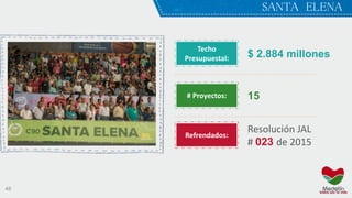 48
$ 2.884 millones
15
Resolución JAL
# 023 de 2015
Techo
Presupuestal:
# Proyectos:
Refrendados:
SANTA ELENA
 