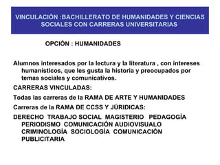 VINCULACIÓN :BACHILLERATO DE HUMANIDADES Y CIENCIAS
       SOCIALES CON CARRERAS UNIVERSITARIAS


           OPCIÓN : HUMANIDADES


Alumnos interesados por la lectura y la literatura , con intereses
   humanísticos, que les gusta la historia y preocupados por
   temas sociales y comunicativos.
CARRERAS VINCULADAS:
Todas las carreras de la RAMA DE ARTE Y HUMANIDADES
Carreras de la RAMA DE CCSS Y JÚRIDICAS:
DERECHO TRABAJO SOCIAL MAGISTERIO PEDAGOGÍA
  PERIODISMO COMUNICACIÓN AUDIOVISUALO
  CRIMINOLOGÍA SOCIOLOGÍA COMUNICACIÓN
  PUBLICITARIA
 