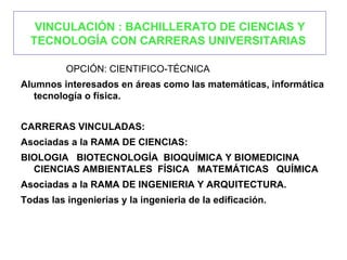 VINCULACIÓN : BACHILLERATO DE CIENCIAS Y
  TECNOLOGÍA CON CARRERAS UNIVERSITARIAS

          OPCIÓN: CIENTIFICO-TÉCNICA
Alumnos interesados en áreas como las matemáticas, informática
   tecnología o física.


CARRERAS VINCULADAS:
Asociadas a la RAMA DE CIENCIAS:
BIOLOGIA BIOTECNOLOGÍA BIOQUÍMICA Y BIOMEDICINA
  CIENCIAS AMBIENTALES FÍSICA MATEMÁTICAS QUÍMICA
Asociadas a la RAMA DE INGENIERIA Y ARQUITECTURA.
Todas las ingenierias y la ingenieria de la edificación.
 