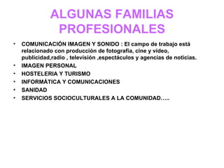ALGUNAS FAMILIAS
               PROFESIONALES
•   COMUNICACIÓN IMAGEN Y SONIDO : El campo de trabajo está
    relacionado con producción de fotografía, cine y vídeo,
    publicidad,radio , televisión ,espectáculos y agencias de noticias.
•   IMAGEN PERSONAL
•   HOSTELERIA Y TURISMO
•   INFORMÁTICA Y COMUNICACIONES
•   SANIDAD
•   SERVICIOS SOCIOCULTURALES A LA COMUNIDAD…..
 