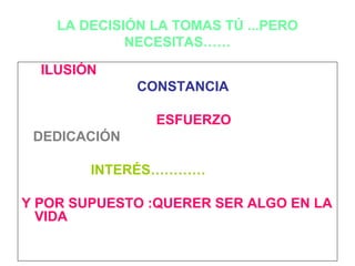 LA DECISIÓN LA TOMAS TÚ ...PERO
             NECESITAS……

  ILUSIÓN
              CONSTANCIA

                ESFUERZO
 DEDICACIÓN

        INTERÉS…………

Y POR SUPUESTO :QUERER SER ALGO EN LA
  VIDA
 