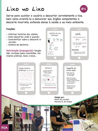 LixonoLixo
Serveparaauxiliarousuárioadescartarcorretamenteolixo,
bemcomoorientá-loadenunciaraosórgãoscompetenteso
descarteincorreto,evitandodanosàsaúdeeaomeioambiente.
Funções:
-Informarhoráriosdascoletas;
-Comodescartar,ondeequando;
-Conscientizarsobreodescartein
correto;
-Sistemadedenúncia.
DiDistribuição(propaganda):Google
Ads,cartazespeloscaminhões,nas
lixeiraspúblicas,bocaaboca...
Sugestãode
outrosapps:
•Redesocialde
conscientização
dareciclagem!
•Rededeanúncios
parareutilizaçãode
produtosusados.Gratuito.
““Olixodeunséo
luxodeoutros.”
•SistemaDenuncie
Voltadoparaas
autoridades
#2
#4
Designpor:
MariadeLourdes
MarianaA.deVargas
POA
 