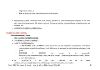 imágenes con letras,...)
                -   Guiar su percepción hacia lo significativo de lo no significativo.




       •   HÁBITOS LECTORES: Fomentar el gusto por la lectura y aprovechar la creatividad e imaginación propia de esta edad
           para crear sus propios cuentos. Ser autores y lectores. Representar cuentos, inventar historias, completar cuentos que
           le falta el final,...
       •   FOMENTAR EL USO DE LA BIBLIOTECA.


PRIMER CICLO DE PRIMARIA
     Desarrollo personal y social:
       •   LOS VALORES Y LAS EMOCIONES:
       •   AUTOCONCEPTO Y AUTOESTIMA:
       •   COMPETENCIAS SOCIALES:
                -   LAS RELACIONES CON LOS DEMÁS: saber relacionarse con los compañeros y compañeras y establecer
                    mecanismos de resolución de conflictos a través del fomento de la empatía, la asertividad y la negociación entre
                    iguales.
                -   DERECHOS              Y          DEBERES:             las            normas    y         la        participación
                    democrática como personas sociales. ¿Para qué de las normas? Consecuencias en las infracciones a normas.
                    La responsabilidad propia.
       •   LA        COMUNICACIÓN              Y      EL       USO        DEL        LENGUAJE:     uso       de      las      partes
           deícticas de la comunicación a través de actividades que fomenten su iniciativa comunicativa:
  POAT CEIP Elio Antonio de Nebrija        Jerez de la Fra – Cádiz Código 11006425                                                     21
 