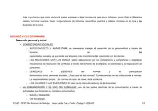 más importantes que cada alumno/a quiera expresar o dejar constancia para otros niños/as, poner título a diferentes
           relatos, terminar cuentos, hacer rompecabezas de historias, escenificar cuentos y relatos, iniciarse en la rima y las
           leyendas de la zona.




SEGUNDO CICLO DE PRIMARIA
    Desarrollo personal y social:
       •   COMPETENCIAS SOCIALES:
              -   AUTOCONCEPTO Y AUTOESTIMA: es interesante trabajar el desarrollo de la personalidad a través del
                  fomento                                                  de                                                las
                  capacidades sociales ya que cada vez adquiere más importancia las relaciones con los demás.
              -   LAS RELACIONES CON LOS DEMÁS: saber relacionarse con los compañeros y compañeras y establecer
                  mecanismos de resolución de conflictos a través del fomento de la empatía, la asertividad y la negociación de
                  pareceres.
              -   DERECHOS             Y         DEBERES:            las        normas         y         la        participación
                  democrática como personas sociales. ¿Para qué de las normas? Consecuencias en las infracciones a normas.
                  La responsabilidad propia. Las normas de aula, de clase, de la sociedad.
              -   LOS VALORES Y LAS EMOCIONES: El valor de la interculturalidad y de la diversidad.
       •   LA COMUNICACIÓN Y EL USO DEL LENGUAJE: uso de las partes deícticas de la comunicación a través de
           actividades que fomenten su iniciativa comunicativa:
              -   Saludo y despedida
              -   Dar las gracias.
  POAT CEIP Elio Antonio de Nebrija     Jerez de la Fra – Cádiz Código 11006425                                                    23
 