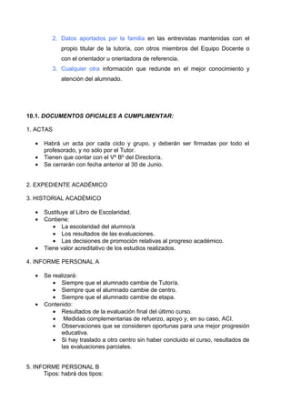 2. Datos aportados por la familia en las entrevistas mantenidas con el
             propio titular de la tutoría, con otros miembros del Equipo Docente o
             con el orientador u orientadora de referencia.
          3. Cualquier otra información que redunde en el mejor conocimiento y
             atención del alumnado.




10.1. DOCUMENTOS OFICIALES A CUMPLIMENTAR:

1. ACTAS

   •   Habrá un acta por cada ciclo y grupo, y deberán ser firmadas por todo el
       profesorado, y no sólo por el Tutor.
   •   Tienen que contar con el Vº Bº del Director/a.
   •   Se cerrarán con fecha anterior al 30 de Junio.


2. EXPEDIENTE ACADÉMICO

3. HISTORIAL ACADÉMICO

   •   Sustituye al Libro de Escolaridad.
   •   Contiene:
          • La escolaridad del alumno/a
          • Los resultados de las evaluaciones.
          • Las decisiones de promoción relativas al progreso académico.
   •   Tiene valor acreditativo de los estudios realizados.

4. INFORME PERSONAL A

   •   Se realizará:
          • Siempre que el alumnado cambie de Tutor/a.
          • Siempre que el alumnado cambie de centro.
          • Siempre que el alumnado cambie de etapa.
   •   Contenido:
          • Resultados de la evaluación final del último curso.
          • Medidas complementarias de refuerzo, apoyo y, en su caso, ACI.
          • Observaciones que se consideren oportunas para una mejor progresión
             educativa.
          • Si hay traslado a otro centro sin haber concluido el curso, resultados de
             las evaluaciones parciales.


5. INFORME PERSONAL B
      Tipos: habrá dos tipos:
 