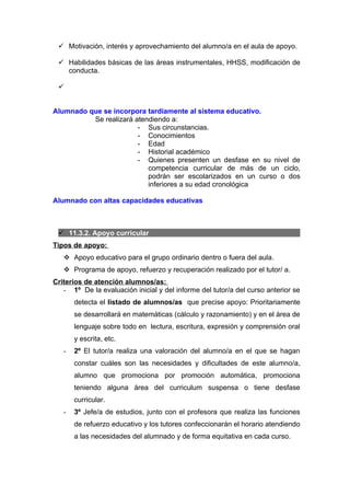  Motivación, interés y aprovechamiento del alumno/a en el aula de apoyo.

  Habilidades básicas de las áreas instrumentales, HHSS, modificación de
   conducta.

 


Alumnado que se incorpora tardíamente al sistema educativo.
          Se realizará atendiendo a:
                        - Sus circunstancias.
                        - Conocimientos
                        - Edad
                        - Historial académico
                        - Quienes presenten un desfase en su nivel de
                           competencia curricular de más de un ciclo,
                           podrán ser escolarizados en un curso o dos
                           inferiores a su edad cronológica

Alumnado con altas capacidades educativas



  11.3.2. Apoyo curricular
Tipos de apoyo:
    Apoyo educativo para el grupo ordinario dentro o fuera del aula.
    Programa de apoyo, refuerzo y recuperación realizado por el tutor/ a.
Criterios de atención alumnos/as:
   - 1º De la evaluación inicial y del informe del tutor/a del curso anterior se
       detecta el listado de alumnos/as que precise apoyo: Prioritariamente
       se desarrollará en matemáticas (cálculo y razonamiento) y en el área de
       lenguaje sobre todo en lectura, escritura, expresión y comprensión oral
       y escrita, etc.
   -   2º El tutor/a realiza una valoración del alumno/a en el que se hagan
       constar cuáles son las necesidades y dificultades de este alumno/a,
       alumno que promociona por promoción automática, promociona
       teniendo alguna área del curriculum suspensa o tiene desfase
       curricular.
   -   3º Jefe/a de estudios, junto con el profesora que realiza las funciones
       de refuerzo educativo y los tutores confeccionarán el horario atendiendo
       a las necesidades del alumnado y de forma equitativa en cada curso.
 