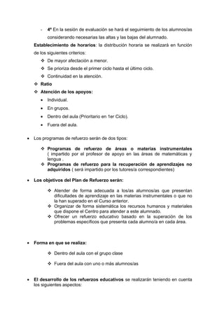 -   4º En la sesión de evaluación se hará el seguimiento de los alumnos/as
           considerando necesarias las altas y las bajas del alumnado.
    Establecimiento de horarios: la distribución horaria se realizará en función
    de los siguientes criterios:
        De mayor afectación a menor.
        Se prioriza desde el primer ciclo hasta el último ciclo.
        Continuidad en la atención.
     Ratio
     Atención de los apoyos:
       •   Individual.
       •   En grupos.
       •   Dentro del aula (Prioritario en 1er Ciclo).
       •   Fuera del aula.

•   Los programas de refuerzo serán de dos tipos:

        Programas de refuerzo de áreas o materias instrumentales
         ( impartido por el profesor de apoyo en las áreas de matemáticas y
         lengua .
        Programas de refuerzo para la recuperación de aprendizajes no
         adquiridos ( será impartido por los tutores/a correspondientes)

•   Los objetivos del Plan de Refuerzo serán:

            Atender de forma adecuada a los/as alumnos/as que presentan
             dificultades de aprendizaje en las materias instrumentales o que no
             la han superado en el Curso anterior.
            Organizar de forma sistemática los recursos humanos y materiales
             que dispone el Centro para atender a este alumnado.
            Ofrecer un refuerzo educativo basado en la superación de los
             problemas específicos que presenta cada alumno/a en cada área.



•   Forma en que se realiza:

            Dentro del aula con el grupo clase

            Fuera del aula con uno o más alumnos/as


•   El desarrollo de los refuerzos educativos se realizarán teniendo en cuenta
    los siguientes aspectos:
 