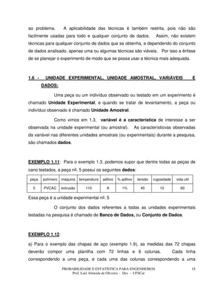 PROBABILIDADE E ESTATÍSTICA PARA ENGENHEIROS
Prof. Lael Almeida de Oliveira - Des - UFSCar
18
ao problema. A aplicabilidade das técnicas é também restrita, pois não são
facilmente usadas para todo e qualquer conjunto de dados. Assim, não existem
técnicas para qualquer conjunto de dados que se obtenha, e dependendo do conjunto
de dados analisado, apenas uma ou algumas técnicas são viáveis. Por isso a ênfase
de se planejar o experimento de modo que se possa usar a técnica mais adequada.
1.6 - UNIDADE EXPERIMENTAL, UNIDADE AMOSTRAL, VARIÁVEIS E
DADOS:
Uma peça ou um indivíduo observado ou testado em um experimento é
chamado Unidade Experimental, e quando se tratar de levantamento, a peça ou
indivíduo observado é chamado Unidade Amostral.
Como vimos em 1.3, variável é a característica de interesse a ser
observada na unidade experimental (ou amostral). As característicvas observadas
da variável nas diferentes unidades amostrais (ou experimentais) durante a pesquisa,
são chamados dados.
EXEMPLO 1.11: Para o exemplo 1.3, podemos supor que dentre todas as peças de
cano testados, a peça no. 5 possui os seguintes dados:
peça polímero máquina temperatura aditivo % aditivo tensão rugosidade vida util
5 PVCAC extrusão 110 A 1% 45 10 60
Essa peça é a unidade experimental no. 5
O conjunto dos dados referentes a todas as unidades experimentais
testadas na pesquisa é chamado de Banco de Dados, ou Conjunto de Dados.
EXEMPLO 1.12:
a) Para o exemplo das chapas de aço (exemplo 1.9), as medidas das 72 chapas
deverão compor uma planilha com 72 linhas e 6 colunas. Cada linha
correspondendo a uma peça, e cada uma das colunas correspondendo a uma
 