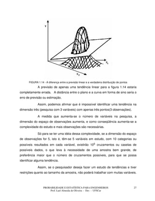 PROBABILIDADE E ESTATÍSTICA PARA ENGENHEIROS
Prof. Lael Almeida de Oliveira - Des - UFSCar
27
FIGURA 1.14 - A diferença entre a previsão linear e a verdadeira distribuição de pontos
A previsão de apenas uma tendência linear para a figura 1.14 estaria
completamente errada. A distância entre o plano e a curva em forma de sino seria o
erro de previsão ou estimação.
Assim, podemos afirmar que é impossível identificar uma tendência na
dimensão três (pesquisa com 3 variáveis) com apenas três pontos(3 observações).
A medida que aumenta-se o número de variáveis na pesquisa, a
dimensão do espaço de observações aumenta, e como conseqüência aumenta-se a
complexidade do estudo e mais observações são necessárias.
Só para se ter uma idéia dessa complexidade, se a dimensão do espaço
de observações for 5, isto é, têm-se 5 variáveis em estudo, com 10 categorias ou
possíveis resultados em cada variável, existirão 105 cruzamentos ou caselas de
possíveis dados, o que leva à necessidade de uma amostra bem grande, de
preferência maior que o número de cruzamentos possíveis, para que se possa
identificar alguma tendência.
Assim, se o pesquisador deseja fazer um estudo de tendências e tiver
restrições quanto ao tamanho da amostra, não poderá trabalhar com muitas variáveis.
 