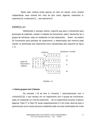 PROBABILIDADE E ESTATÍSTICA PARA ENGENHEIROS
Prof. Lael Almeida de Oliveira - Des - UFSCar
37
Neste caso, embora exista apenas um fator em estudo, como variável
independente, essa variável tem mais de dois níveis, digamos: tratamento A,
tratamento B, e tratamento C, ...até tratamento K.
EXEMPLO 1.21:
Modificando o exemplo anterior, suponha que para o treinamento para
prevenção de acidentes, existam 4 métodos de treinamento; assim, deveremos ter 4
grupos de indivíduos, cada um recebendo um dos tratamentos. Assim, se existem
20 funcionários para participar do experimento, a aleatorização dos mesmos pode
resultar na distribuição dos tratamentos como representada pelo esquema da figura
1.17.
grupo de
funcionários
similares
a b c d e
f g h i j
k l m n o
p q r s t
i h q m r
d s b p k
tratamento a receberSORTEIO
f l a n g
t n e j o c
A
B
C
D
FIGURA 1.16
A)Vários grupos com 2 fatores:
No exemplo 1.18 do item b, tínhamos 1 fator(tratamento) com 4
níveis(A,B,C,D), o que resultou em um experimento com 4 grupos de funcionários,
cada um recebendo um nível do tratamento. Se um experimento envolver 2 fatores;
digamos: Fator F1 e Fator F2, tendo respectivamente k1 e k2 níveis, deve-se fazer o
possível para se ter corpos de prova recebendo cada uma das combinações de níveis
 