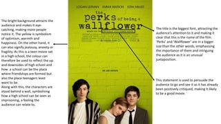 The title is the biggest font, attracting the
audience’s attention to it and making it
clear that this is the name of the film.
‘Perks’ and ‘Wallflower’ are in a bigger
size than the other words, emphasising
the importance of them and intriguing
the audience as it is an unusual
juxtaposition.
This statement is used to persuade the
audience to go and see it as it has already
been positively critiqued, making it likely
to be a good movie.
The bright background attracts the
audience and makes it eye-
catching, making more people
notice it. The yellow is symbolism
of optimism, warmth and
happiness. On the other hand, it
can also signify jealousy, anxiety or
fragility. As this is a teen movie set
in a high school, the colour can
therefore be used to reflect the up
and downsides of high school and
how a school can be the place
where friendships are formed but
also the place teenagers least
want to be.
Along with this, the characters are
stood behind a wall, symbolising
how a high school can be seen as
imprisoning, a feeling the
audience can relate to.
 