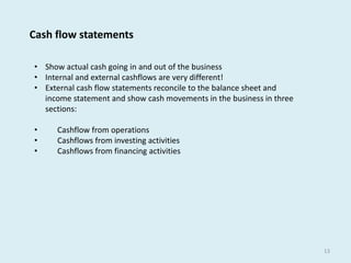 13 
Cash flow statements 
• Show actual cash going in and out of the business 
• Internal and external cashflows are very different! 
• External cash flow statements reconcile to the balance sheet and 
income statement and show cash movements in the business in three 
sections: 
• Cashflow from operations 
• Cashflows from investing activities 
• Cashflows from financing activities 
 