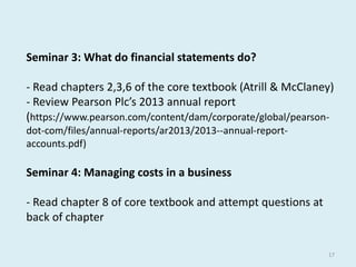 Seminar 3: What do financial statements do? 
- Read chapters 2,3,6 of the core textbook (Atrill & McClaney) 
- Review Pearson Plc’s 2013 annual report 
(https://www.pearson.com/content/dam/corporate/global/pearson-dot- 
com/files/annual-reports/ar2013/2013--annual-report-accounts. 
pdf) 
Seminar 4: Managing costs in a business 
- Read chapter 8 of core textbook and attempt questions at 
back of chapter 
17 
