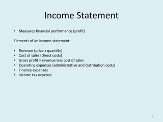 6 
Income Statement 
• Measures financial performance (profit) 
Elements of an income statement: 
• Revenue (price x quantity) 
• Cost of sales (Direct costs) 
• Gross profit = revenue less cost of sales 
• Operating expenses (administrative and distribution costs) 
• Finance expenses 
• Income tax expense 
 