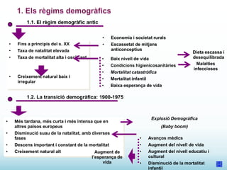 1.1. El règim demogràfic antic
•
•

Fins a principis del s. XX

•

Taxa de mortalitat alta i oscil·lant

•

Escassetat de mitjans
anticonceptius

Taxa de natalitat elevada

•

Economia i societat rurals

Condicions higienicosanitàries

•
Creixement natural baix i
irregular

Baix nivell de vida

•
•

•

Mortalitat catastròfica

•

Mortalitat infantil

•

Dieta escassa i
desequilibrada
Malalties
infeccioses

Baixa esperança de vida

1.2. La transició demogràfica: 1900-1975

•
•

Explosió Demogràfica

Més tardana, més curta i més intensa que en
altres països europeus

(Baby boom)

Disminució suau de la natalitat, amb diverses
fases

•

Avanços mèdics

•

Descens important i constant de la mortalitat

•

Augment del nivell de vida

•

Creixement natural alt

•

Augment del nivell educatiu i
cultural

•

Disminució de la mortalitat
infantil

Augment de
l’esperança de
vida

 