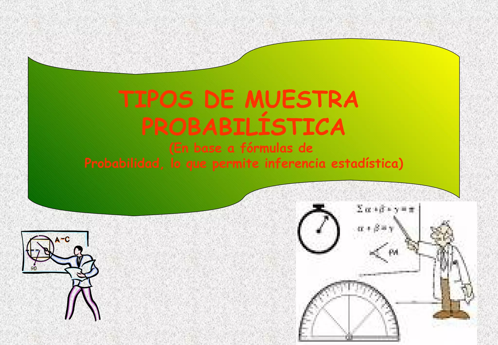 TIPOS DE MUESTRA
       PROBABILÍSTICA
              (En base a fórmulas de
Probabilidad, lo que permite inferencia estadística)
 