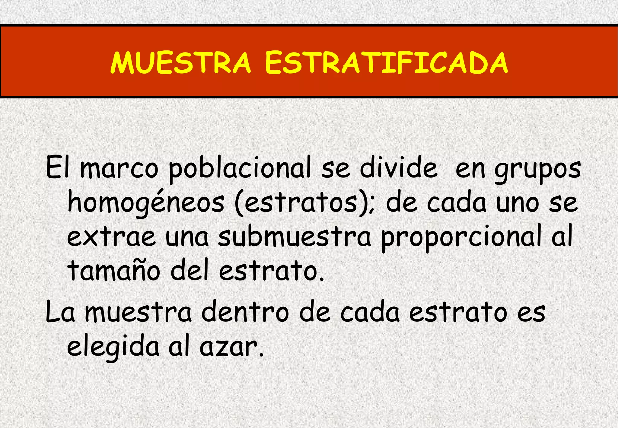 MUESTRA ESTRATIFICADA


El marco poblacional se divide en grupos
 homogéneos (estratos); de cada uno se
 extrae una submuestra proporcional al
 tamaño del estrato.
La muestra dentro de cada estrato es
 elegida al azar.
 