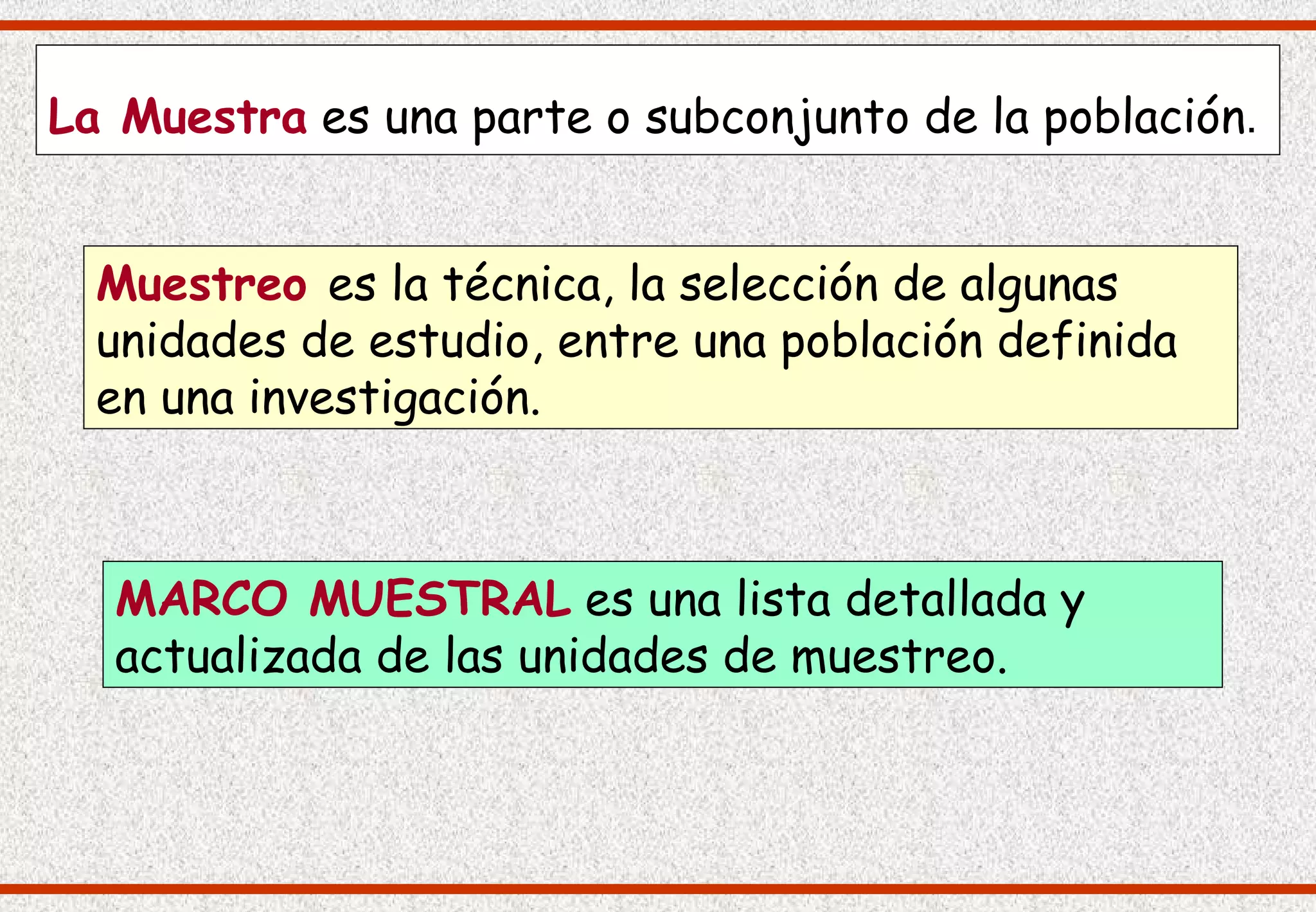 La Muestra es una parte o subconjunto de la población.


  Muestreo es la técnica, la selección de algunas
  unidades de estudio, entre una población definida
  en una investigación.



  MARCO MUESTRAL es una lista detallada y
  actualizada de las unidades de muestreo.
 