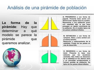 Análisis de una pirámide de población
La forma de la
pirámide: Hay que
determinar a qué
modelo se parece la
pirámide que
queremos analizar.
A) PROGRESIVA o con forma de
pagoda. Presenta base ancha con
disminución rápida hacia la cumbre.
Representa a una población joven
con natalidad alta, lo que hace
presagiar un rápido crecimiento de
la población. Es el modelo típico de
los países subdesarrollados.
A) PROGRESIVA o con forma de
pagoda. Presenta base ancha con
disminución rápida hacia la cumbre.
Representa a una población joven
con natalidad alta, lo que hace
presagiar un rápido crecimiento de
la población. Es el modelo típico de
los países subdesarrollados.
C) REGRESIVA o con forma de
tonel. Presenta la base más
estrecha que los escalones
centrales. Nos indica un descenso
de la natalidad en los últimos años
y un previsible envejecimiento e
incluso pérdida de población. Es
típica de los países desarrollados.
C) REGRESIVA o con forma de
tonel. Presenta la base más
estrecha que los escalones
centrales. Nos indica un descenso
de la natalidad en los últimos años
y un previsible envejecimiento e
incluso pérdida de población. Es
típica de los países desarrollados.
B) ESTANCADA o con forma de
campana. Base y zona central con
el mismo tamaño.
Reducción o estancamiento de la
natalidad. Propia de los países en
vías de desarrollo.
B) ESTANCADA o con forma de
campana. Base y zona central con
el mismo tamaño.
Reducción o estancamiento de la
natalidad. Propia de los países en
vías de desarrollo.
 