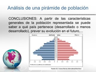 Análisis de una pirámide de población
CONCLUSIONES: A partir de las características
generales de la población representada se puede
saber a qué país pertenece (desarrollado o menos
desarrollado), prever su evolución en el futuro,...
 