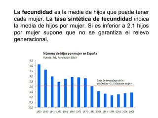 La fecundidad es la media de hijos que puede tener
cada mujer. La tasa sintética de fecundidad indica
la media de hijos por mujer. Si es inferior a 2,1 hijos
por mujer supone que no se garantiza el relevo
generacional.
 