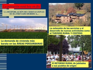 LA DESPOBLACIÓN DE CIERTAS ZONAS SE HA FRENADO DEBIDO A... La población rural hoy en día La extensión de los servicios y el desarrollo de nuevas actividades como el TURISMO RURAL Y COSTERO La demanda de vivienda más barata en las ÁREAS PERIURBANAS El RETORNO RURAL de jubilados a sus pueblos de origen  
