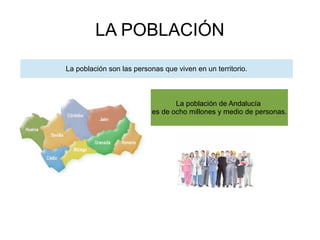 LA POBLACIÓN
La población son las personas que viven en un territorio.

La población de Andalucía
es de ocho millones y medio de personas.

 