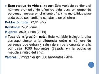  Expectativa de vida al nacer: Esta variable contiene el
número promedio de años de vida para un grupo de
personas nacidas en el mismo año, si la mortalidad para
cada edad se mantiene constante en el futuro
Población total: 77,51 años
Hombres: 74,28 años
Mujeres: 80,91 años (2014)
 Tasa de migración neta: Esta variable incluye la cifra
correspondiente a la diferencia entre el número de
personas que entran y salen de un país durante el año
por cada 1000 habitantes (basada en la población
medida a mitad del año).
Valores: 0 migrante(s)/1.000 habitantes (2014
 
