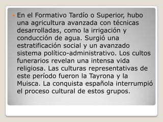 

En el Formativo Tardío o Superior, hubo
una agricultura avanzada con técnicas
desarrolladas, como la irrigación y
conducción de agua. Surgió una
estratificación social y un avanzado
sistema político-administrativo. Los cultos
funerarios revelan una intensa vida
religiosa. Las culturas representativas de
este período fueron la Tayrona y la
Muisca. La conquista española interrumpió
el proceso cultural de estos grupos.

 