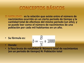 CONCEPTOS BÁSICOS 2) NATALIDAD : es la relación que existe entre el número de nacimientos ocurrido en un cierto periodo de tiempo y la cantidad total de efectivos del mismo periodo (un año), y se puede leer como el número de nacimientos de una población por cada mil habitantes en un año.Su fórmula es: