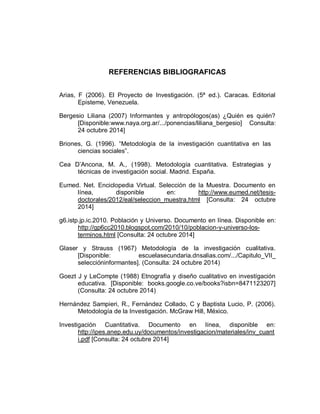 REFERENCIAS BIBLIOGRAFICAS 
Arias, F (2006). El Proyecto de Investigación. (5ª ed.). Caracas. Editorial Episteme, Venezuela. 
Bergesio Liliana (2007) Informantes y antropólogos(as) ¿Quién es quién? [Disponible:www.naya.org.ar/.../ponencias/liliana_bergesio] Consulta: 24 octubre 2014] 
Briones, G. (1996). “Metodología de la investigación cuantitativa en las ciencias sociales”. 
Cea D’Ancona, M. A., (1998). Metodología cuantitativa. Estrategias y técnicas de investigación social. Madrid. España. 
Eumed. Net. Enciclopedia Virtual. Selección de la Muestra. Documento en línea, disponible en: http://www.eumed.net/tesis- doctorales/2012/eal/seleccion_muestra.html [Consulta: 24 octubre 2014] 
g6.istp.jp.ic.2010. Población y Universo. Documento en línea. Disponible en: http://gp6cc2010.blogspot.com/2010/10/poblacion-y-universo-los- terminos.html [Consulta: 24 octubre 2014] 
Glaser y Strauss (1967) Metodología de la investigación cualitativa. [Disponible: escuelasecundaria.dnsalias.com/.../Capitulo_VII_ seleccióninformantes]. (Consulta: 24 octubre 2014) 
Goezt J y LeCompte (1988) Etnografía y diseño cualitativo en investígación educativa. [Disponible: books.google.co.ve/books?isbn=8471123207] (Consulta: 24 octubre 2014) 
Hernández Sampieri, R., Fernández Collado, C y Baptista Lucio, P. (2006). Metodología de la Investigación. McGraw Hill, México. 
Investigación Cuantitativa. Documento en línea, disponible en: http://ipes.anep.edu.uy/documentos/investigacion/materiales/inv_cuanti.pdf [Consulta: 24 octubre 2014]  