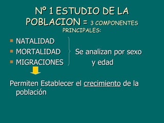 Nº 1 ESTUDIO DE LA
      POBLACION = 3 COMPONENTES
                PRINCIPALES:
   NATALIDAD
   MORTALIDAD      Se analizan por sexo
   MIGRACIONES          y edad

Permiten Establecer el crecimiento de la
  población
 