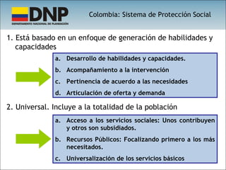 1. Está basado en un enfoque de generación de habilidades y capacidades Desarrollo de habilidades y capacidades. Acompañamiento a la intervención Pertinencia de acuerdo a las necesidades Articulación de oferta y demanda 2. Universal. Incluye a la totalidad de la población Acceso a los servicios sociales: Unos contribuyen y otros son subsidiados. Recursos Públicos: Focalizando primero a los más necesitados. Universalización de los servicios básicos Colombia: Sistema de Protección Social 