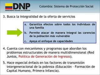 3. Busca la integralidad de la oferta de servicios Garantiza efectos sobre todos los individuos de una familia Permite atacar de manera integral las carencias de la población más vulnerable Apoya el enfoque de capacidades 4. Cuenta con mecanismos y programas que abordan los problemas estructurales de manera multidimensional (Red Juntos,  Política de Generación de Ingresos ). 5. Hace especial énfasis en los factores de transmisión intergeneracional de la pobreza (Educación – Formación de Capital Humano, Primera Infancia). Colombia: Sistema de Protección Social 