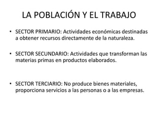 LA POBLACIÓN Y EL TRABAJO 
• SECTOR PRIMARIO: Actividades económicas destinadas 
a obtener recursos directamente de la naturaleza. 
• SECTOR SECUNDARIO: Actividades que transforman las 
materias primas en productos elaborados. 
• SECTOR TERCIARIO: No produce bienes materiales, 
proporciona servicios a las personas o a las empresas. 
 
