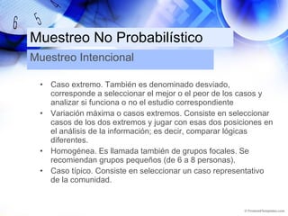 Muestreo No Probabilístico Caso extremo. También es denominado desviado, corresponde a seleccionar el mejor o el peor de los casos y analizar si funciona o no el estudio correspondiente Variación máxima o casos extremos. Consiste en seleccionar casos de los dos extremos y jugar con esas dos posiciones en el análisis de la información; es decir, comparar lógicas diferentes. Homogénea. Es llamada también de grupos focales. Se recomiendan grupos pequeños (de 6 a 8 personas). Caso típico. Consiste en seleccionar un caso representativo de la comunidad. Muestreo Intencional 