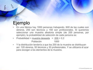 Ejemplo En una fábrica hay 1000 personas trabajando, 600 de las cuales son obreros, 250 son técnicos y 150 son profesionales. Si queremos seleccionar una muestra aleatoria simple (de 200 personas, por ejemplo), la probabilidad de selección de cada persona es: Probabilidad =  muestra deseada   =  200  = 0,2 Población    1000 Y la distribución tendería a que los 200 de la muestra se distribuyan así: 120 obreros, 50 técnicos y 30 profesionales. Y se utilizaría el azar para escoger a los elementos de la muestra. 