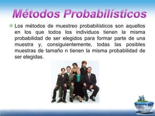  Los métodos de muestreo probabilísticos son aquellos
  en los que todos los individuos tienen la misma
  probabilidad de ser elegidos para formar parte de una
  muestra y, consiguientemente, todas las posibles
  muestras de tamaño n tienen la misma probabilidad de
  ser elegidas.
 