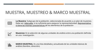 MUESTRA, MUESTREO & MARCO MUESTRAL
La Muestra: Subgrupo de la población, seleccionada de acuerdo a un plan de muestreo.
Debe ser: Adecuada, si es suficiente para asegurar la representatividad. Representativa:
si tiene las mismas características de los elementos de la población
Muestreo: Es la selección de algunas unidades de análisis entre una población definida
en una investigación.
MARCO MUESTRAL: Es una lista detallada y actualizada de las unidades básicas de
análisis (Nombre, dirección).
 