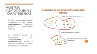 MUESTREO
ALEATORIO SIMPLE
- CARACTERISTICAS
 Es poco recomendado cuando
la población es muy grande
y heterogénea (los individuos
presentan características
dispares).
 Los individuos pueden ser
seleccionados por
cualquier proceso
probabilístico que otorgue a
todos los elementos la misma
probabilidad de ser elegidos.
 