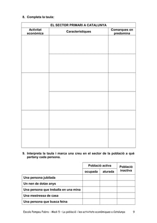 8. Completa la taula:
EL SECTOR PRIMARI A CATALUNYA
Activitat
econòmica
Característiques
Comarques on
predomina
9. Interpr...