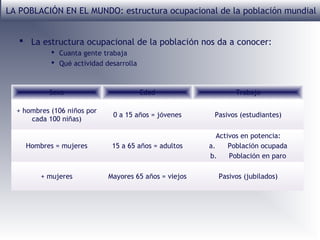 LA POBLACIÓN EN EL MUNDO: estructura ocupacional de la población mundial
 La estructura ocupacional de la población nos da a conocer:
 Cuanta gente trabaja
 Qué actividad desarrolla

Sexo

Edad

Trabajo

+ hombres (106 niños por
cada 100 niñas)

0 a 15 años = jóvenes

Pasivos (estudiantes)

Hombres = mujeres

15 a 65 años = adultos

Activos en potencia:
a.
Población ocupada
b.
Población en paro

+ mujeres

Mayores 65 años = viejos

Pasivos (jubilados)

 