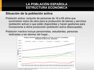 LA POBLACIÓN ESPAÑOLA
                 ESTRUCTURA ECONÓMICA
Situación de la población activa
Población activa: conjunto de personas de 16 a 65 años que
  suministran mano de obra para la producción de bienes y servicios
  (población activa) o que están disponibles y hacen gestiones para
  incorporarse a dicha producción (población activa desocupada).
Población inactiva incluye pensionistas, estudiantes, personas
  dedicadas a las labores del hogar...
 