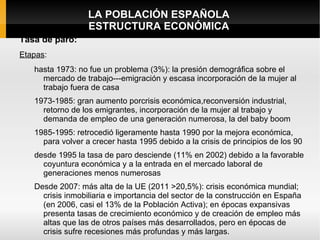 LA POBLACIÓN ESPAÑOLA
                  ESTRUCTURA ECONÓMICA
Tasa de paro:
Etapas:
   hasta 1973: no fue un problema (3%): la presión demográfica sobre el
     mercado de trabajo---emigración y escasa incorporación de la mujer al
     trabajo fuera de casa
   1973-1985: gran aumento porcrisis económica,reconversión industrial,
     retorno de los emigrantes, incorporación de la mujer al trabajo y
     demanda de empleo de una generación numerosa, la del baby boom
   1985-1995: retrocedió ligeramente hasta 1990 por la mejora económica,
     para volver a crecer hasta 1995 debido a la crisis de principios de los 90
   desde 1995 la tasa de paro desciende (11% en 2002) debido a la favorable
     coyuntura económica y a la entrada en el mercado laboral de
     generaciones menos numerosas
   Desde 2007: más alta de la UE (2011 >20,5%): crisis económica mundial;
     crisis inmobiliaria e importancia del sector de la construcción en España
     (en 2006, casi el 13% de la Población Activa); en épocas expansivas
     presenta tasas de crecimiento económico y de creación de empleo más
     altas que las de otros países más desarrollados, pero en épocas de
     crisis sufre recesiones más profundas y más largas.
 